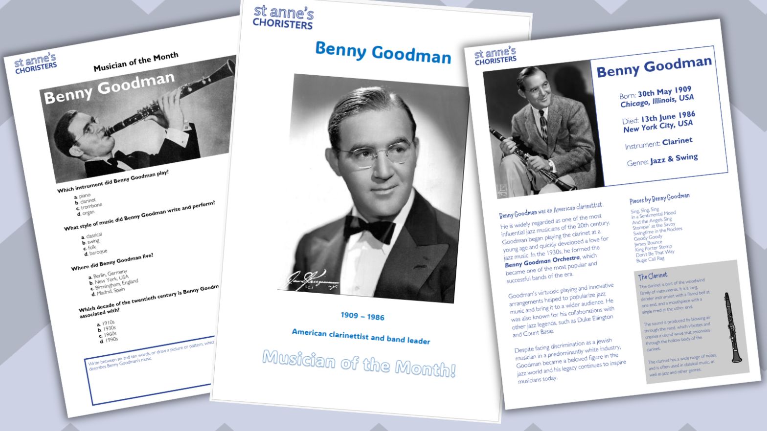 An image showing three documents with pictures of Benny Goodman and information about him